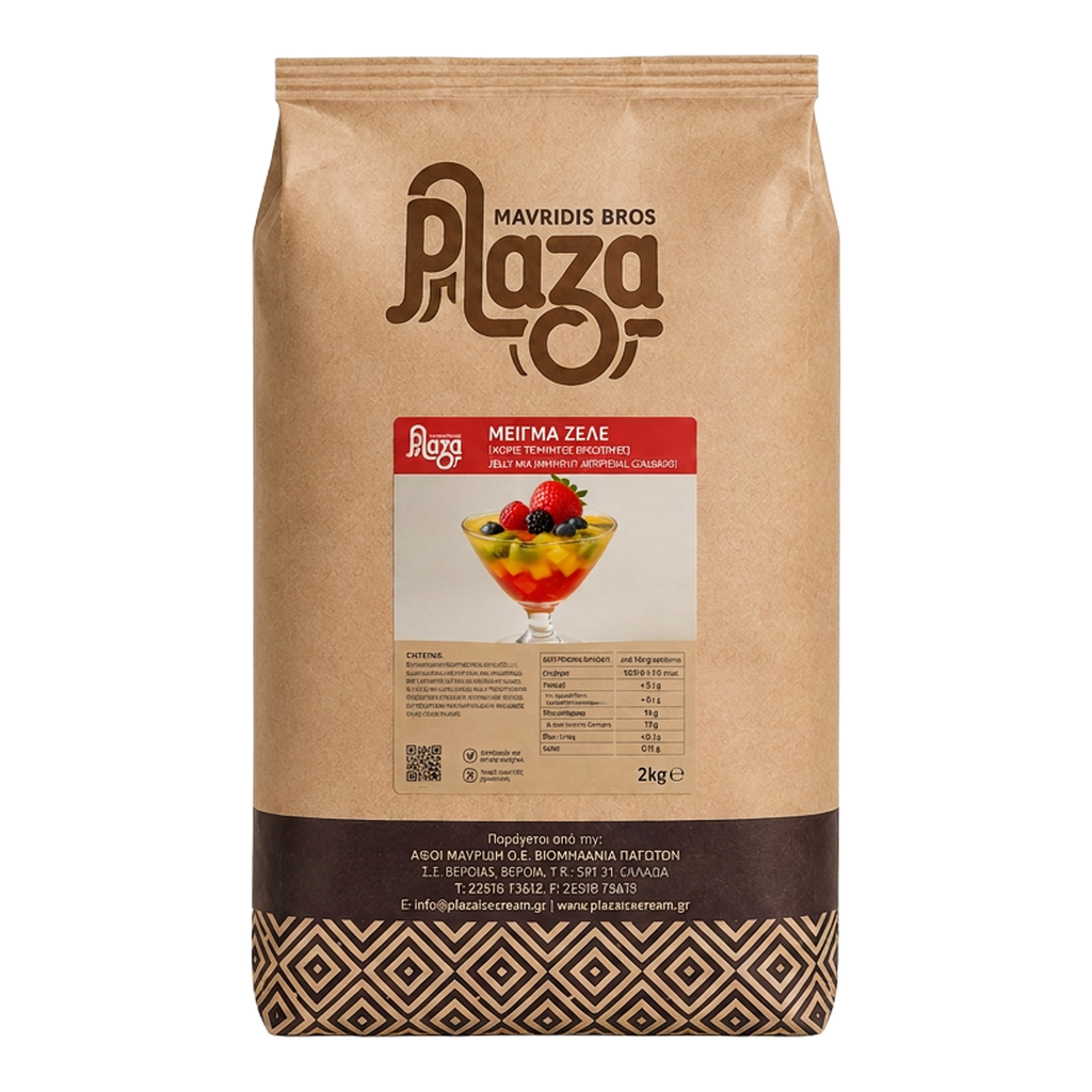 Plaza 2 kg jelly mix bag without artificial colours, with a fruit jelly dessert in a glass on the label