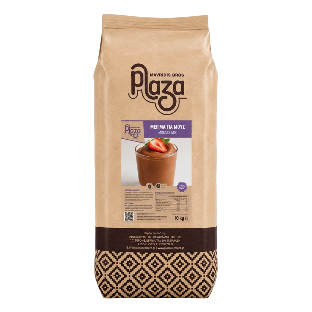 Plaza 10 kg mousse mix bag, with chocolate mousse and a strawberry in a glass on the label