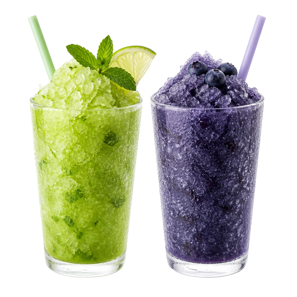 Two tall glasses of mojito lime-mint granita and blueberry granita, with straws