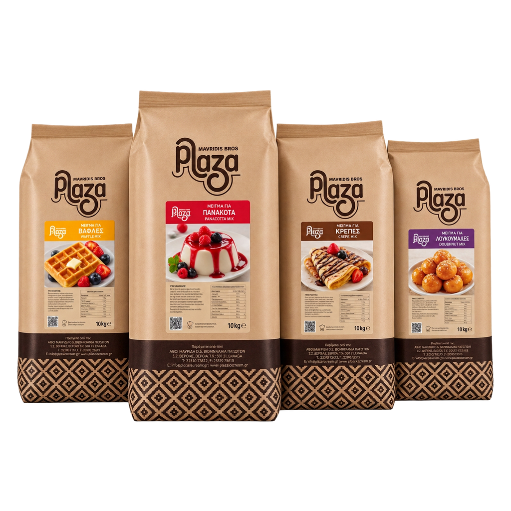 Four 10 kg Plaza bags of mixes for waffles, panna cotta, crêpes and doughnuts