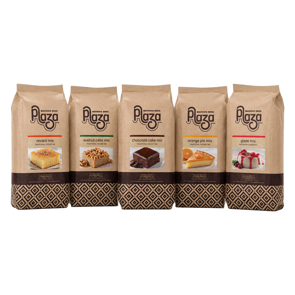 Plaza bags of mixes for revani, walnut cake, chocolate cake, orange pie and glaze