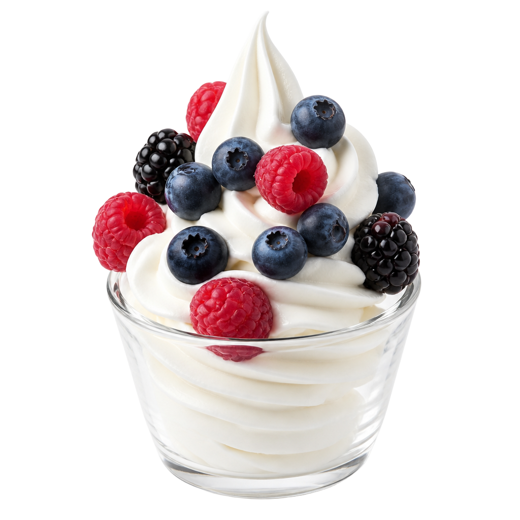 Λευκό frozen yogurt σε γυάλινο κύπελλο με μύρτιλα, σμέουρα και βατόμουρα