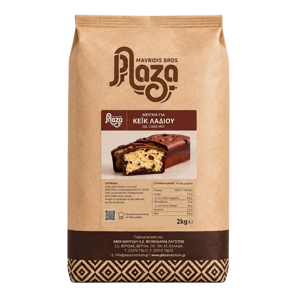 Plaza 2 kg oil cake mix bag, with sliced cake on the label