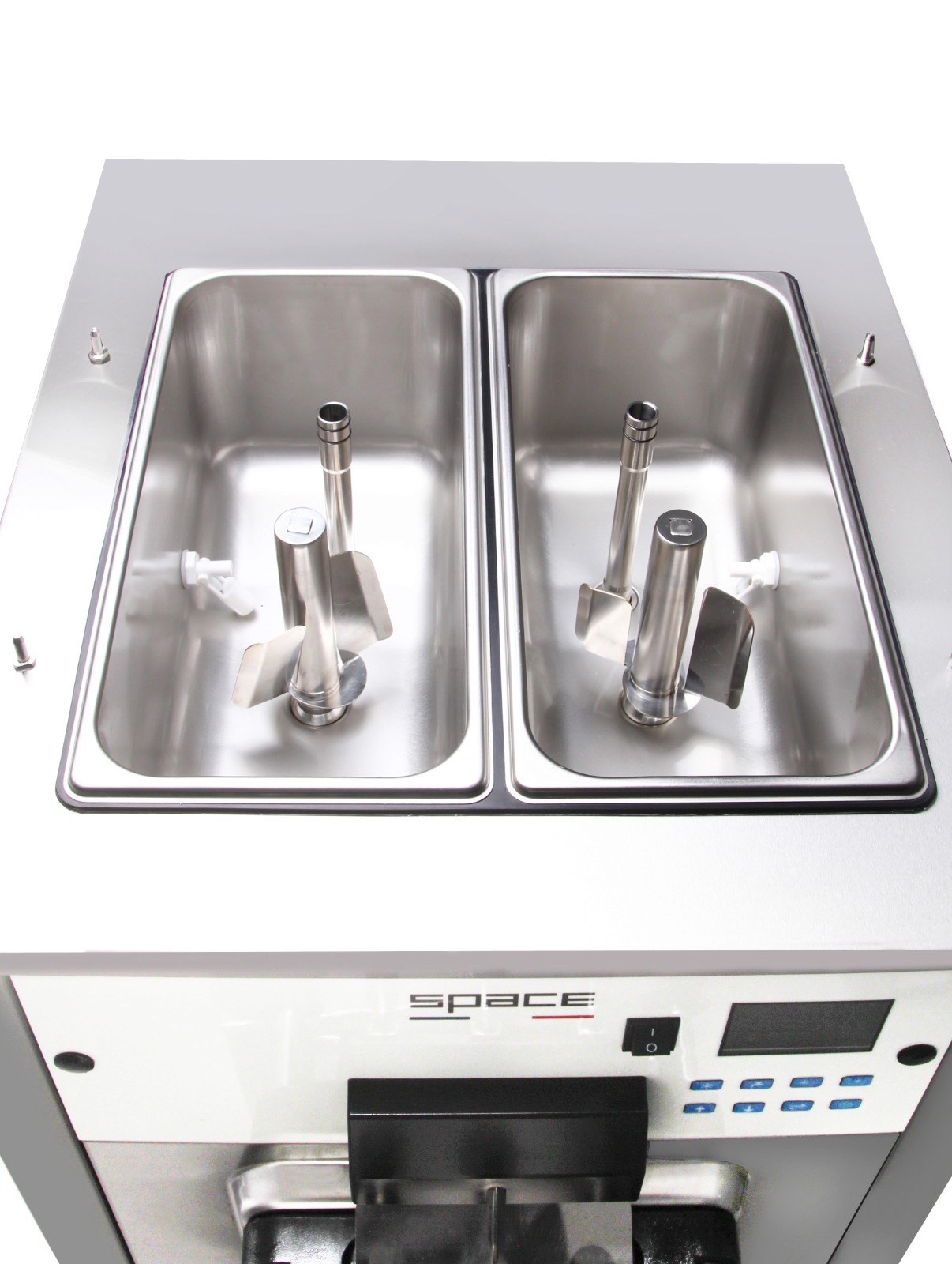 Top view of a SPACE soft serve machine with two stainless steel mix hoppers and agitators