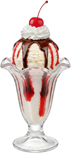 Ice cream sundae with chocolate and strawberry topping syrups