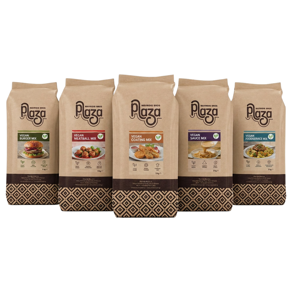 Πέντε συσκευασίες 3 kg Plaza με vegan μείγματα μαγειρικής: burger, κεφτέδες, πανάρισμα, σάλτσα και foodservice