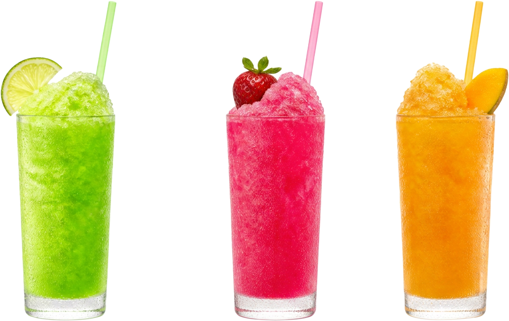 Three tall glasses of colourful granita: lime, strawberry and mango
