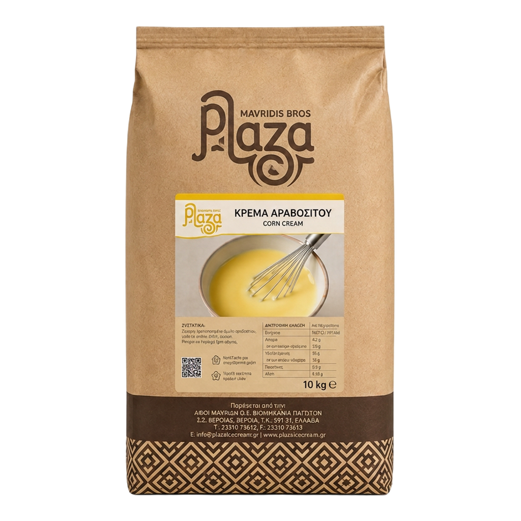 Plaza 10 kg corn cream bag, with cream in a bowl and a whisk on the label