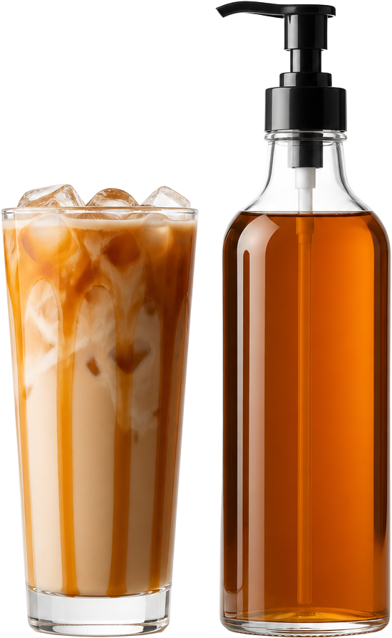 Παγωμένος latte με σιρόπι καραμέλα και φιάλη σιροπιού